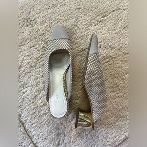 EUC ASOS Tweed Woven Fall Mules Slides Gold Metallic Sculptural Heels Grey Tan 9